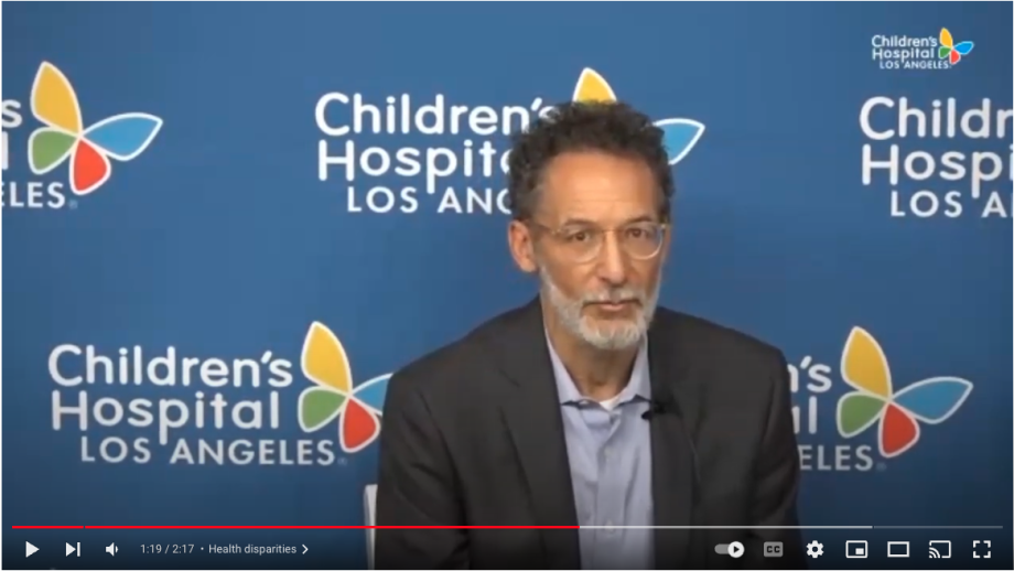 Screengrab of YouTube video player displaying Michael I. Goran, PhD, presenting at ResearCHLA Media Day 2023 against a blue CHLA background