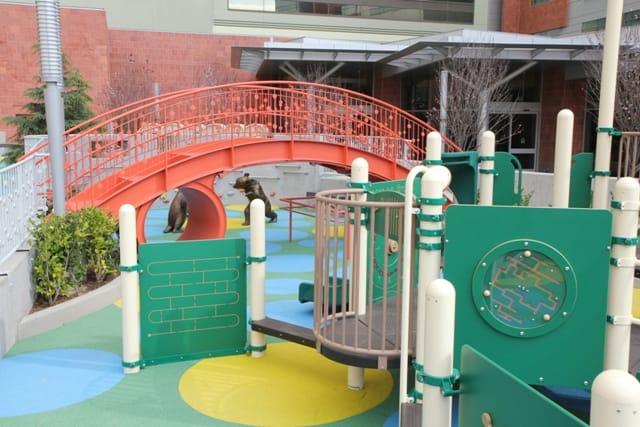 A colorful activity area with an orange walking bridge and accessible play spaces
