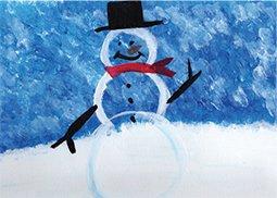Painting of a snowman on a white field against a blue sky