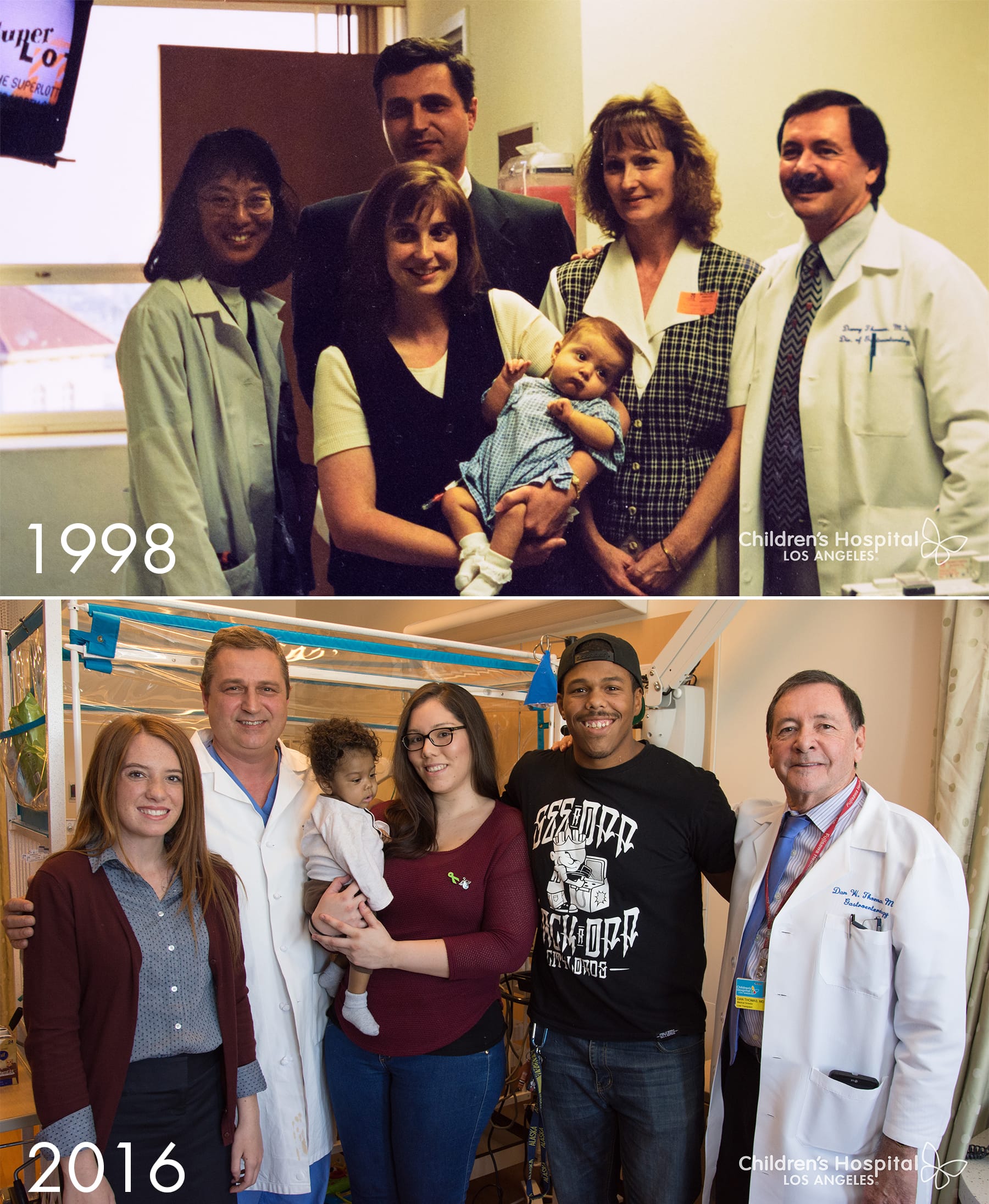 Top: Lydia Hand as an infant post-transplant in 1998, with her mother, grandmother and liver transplant team. Bottom: Baby Donovan Daniels and his parents post-transplant in 2016, joined by doctors and Lydia, now 18.