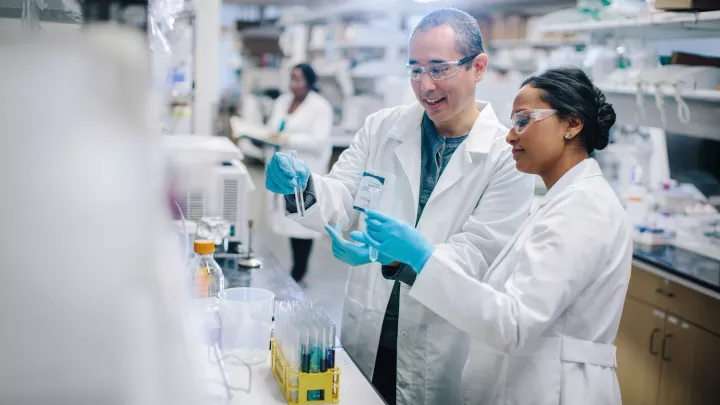 A medium skin toned man and a medium-dark skin toned woman, both in lab coats and protective glasses, examine test tubes in a laboratory.