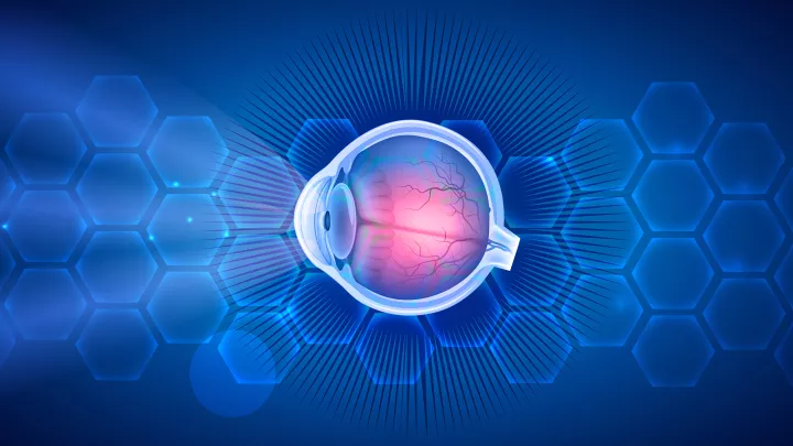 Computer generated image of light rays entering a cross-sectioned human eyeball against a hexagon-patterned background