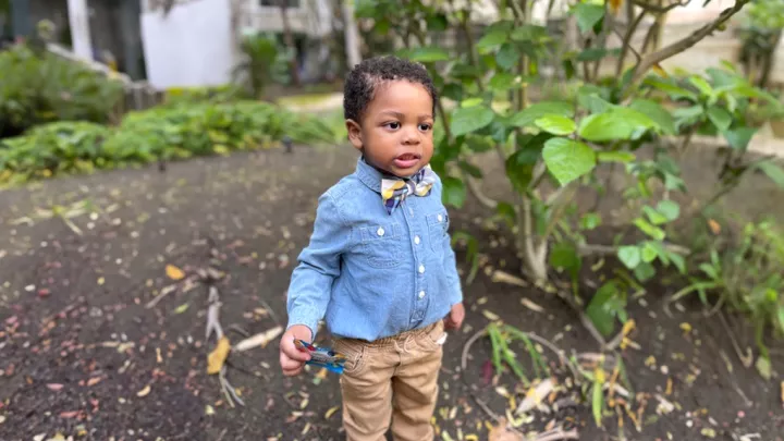 Little boy with dark skin tone and dark hair stands in a garden wearing a blue button-down shirt, yellow bowtie and brown pants
