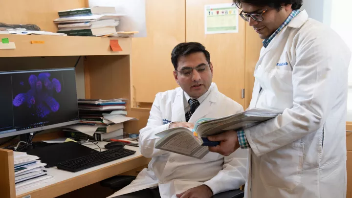 A man seated at a computer points at a book that a standing man is holding. Both have medium skin tone and wear lab coats.