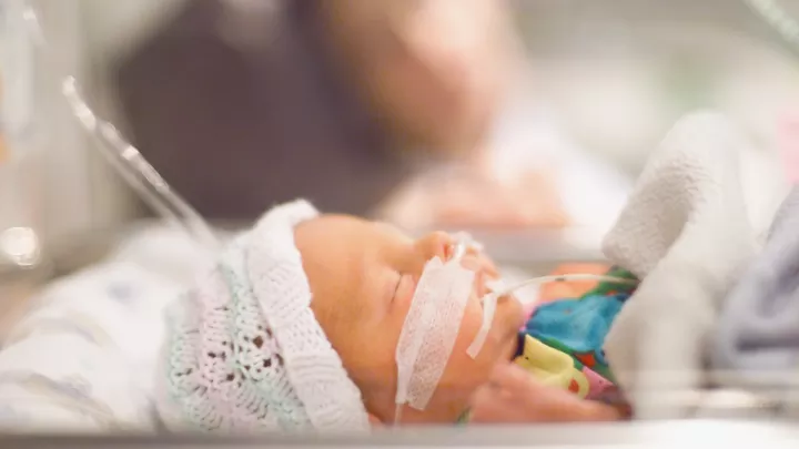 A premature baby wearing a knit hat sleeps in an incubator while the blurred face of a parent looks on.