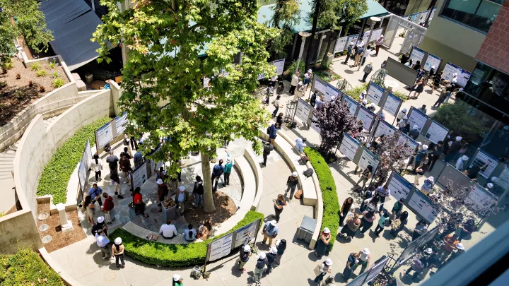 Aerial courtyard view of the poster session at TSRI Science Day 2024