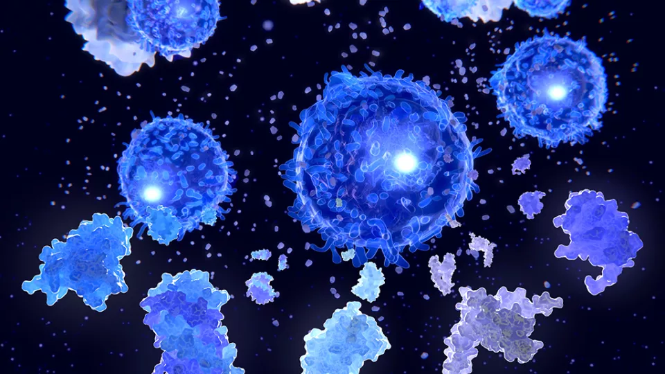 Computer-generated illustration of T-helper cells and interleukin molecules glowing blue against a black background