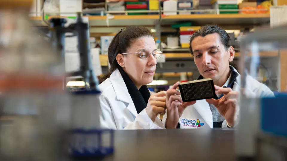 A medium-light skin-toned woman and a medium-light skin-toned man examine an object. Both wear lab coats.