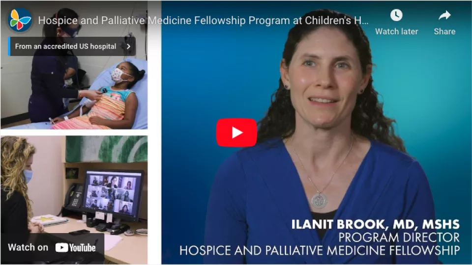 Screengrab of YouTube video player displaying CHLA's Hospice and Palliative Medicine Fellowship video
