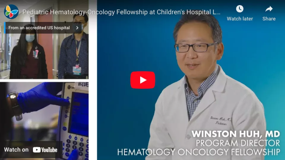 Screengrab of YouTube video player displaying CHLA's Pediatric Hematology-Oncology Fellowship video