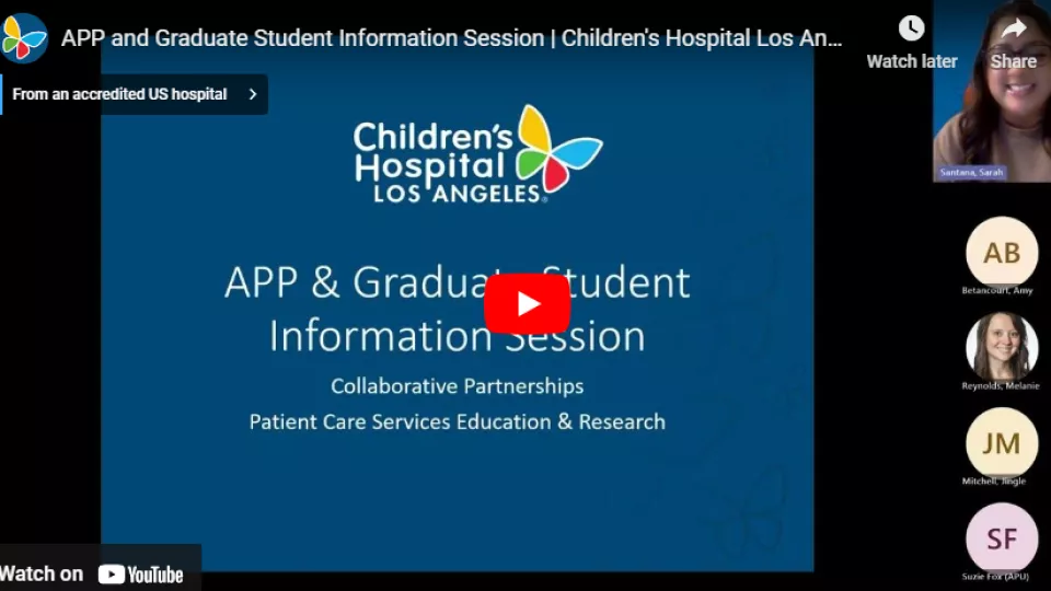 Screengrab of YouTube video player displaying Children's Hospital Los Angeles Teams meeting on APP and Graduate Student Information Session