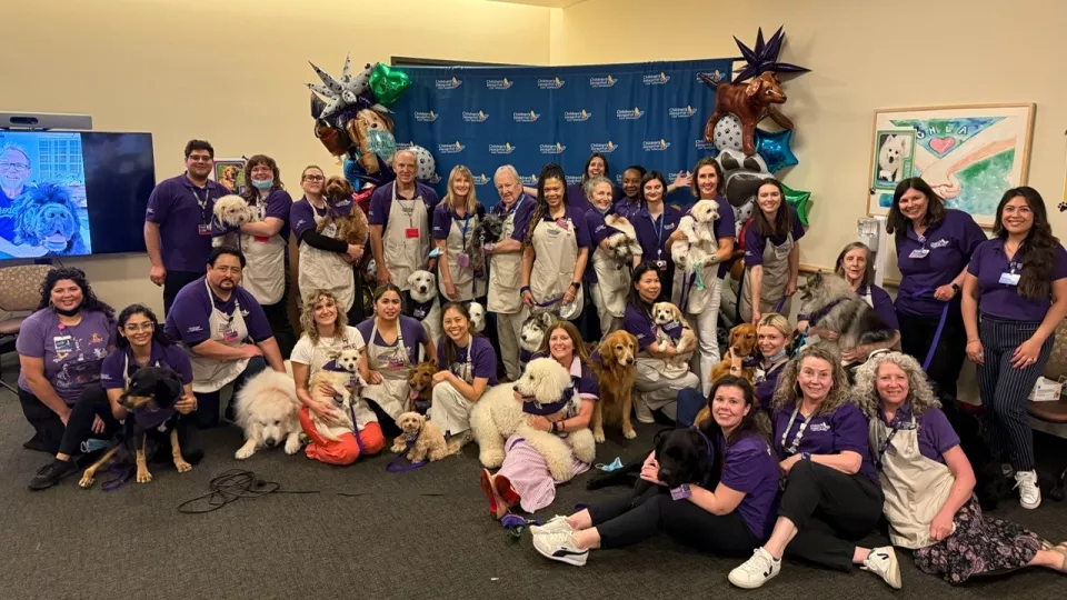 A group of CHLA Dog Therapy volunteers pose with their canine counterparts at Dog Therapy Appreciation Day.