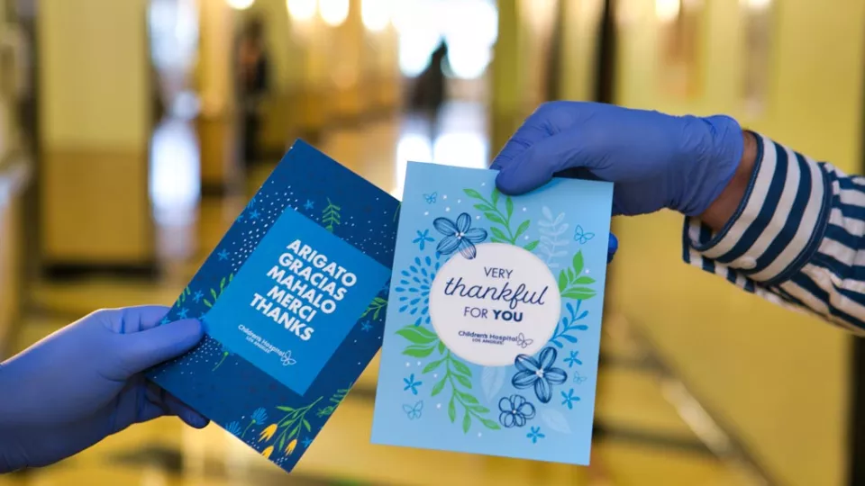 Gloved hands holding Thank You cards for caregivers