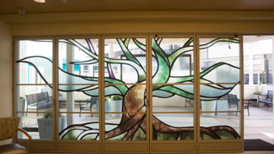 Stained glass wall with tree design
