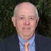 Headshot of a balding man with light skin tone and grey hair wearing a blue and white striped dress shirt and gold-colored tie under a dark suit jacket against a wall of bamboo leaves