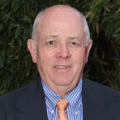 Headshot of a balding man with light skin tone and grey hair wearing a blue and white striped dress shirt and gold-colored tie under a dark suit jacket against a wall of bamboo leaves