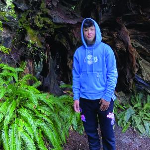 Teenager with light skin tone and dark hair wearing a blue hoodie stands next to lush green fern and dark brown tree trunk
