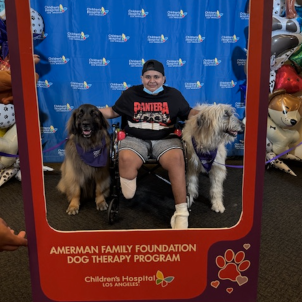 A teenage patient sits in a wheelchair and poses with two dog volunteers at Dog Therapy Appreciation Day.