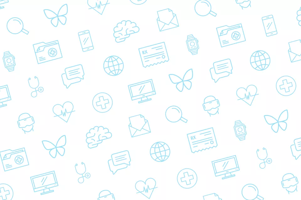 Background pattern of icons, including a stethoscope, smart watch, computer screen, VR goggles, medical record folder, prescription, chat bubbles and smart phone 