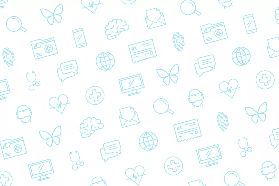 Background pattern of icons, including a stethoscope, smart watch, computer screen, VR goggles, medical record folder, prescription, chat bubbles and smart phone