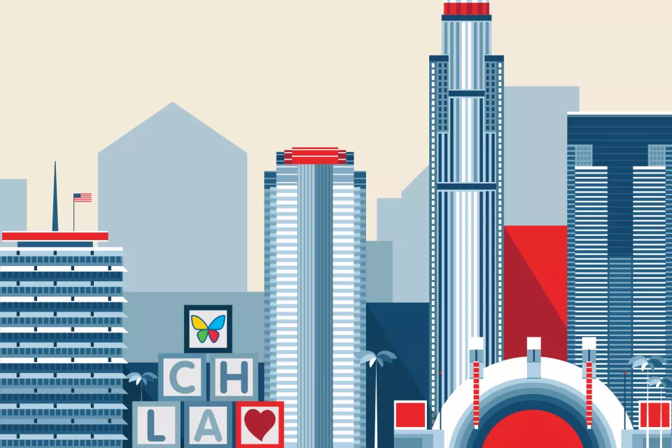 A graphic illustration of popular buildings in los Angeles, in red and shades of blue