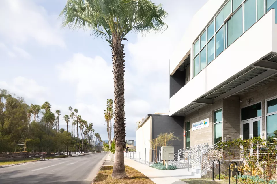 A two-story office building with a banner that reads Children's Hospital Los Angeles