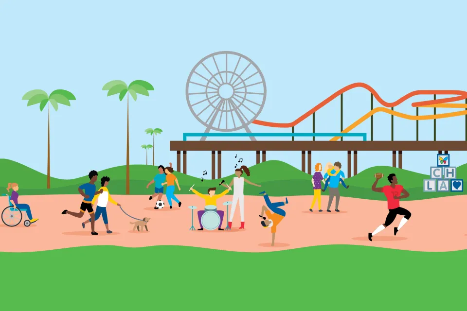 Cartoon image of the Santa Monica Pier scene with roller coaster and Ferris wheel in the background