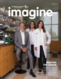 Cover of Winter 2023 edition of Children's Hospital Los Angeles' Imagine Magazine showing Chuck Lorre with two female researchers in a laboratory setting