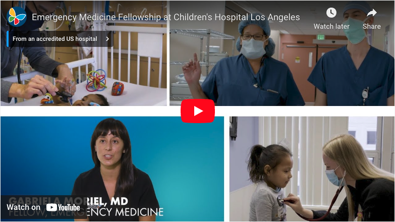 Screengrab of YouTube video player displaying CHLA's Emergency Medicine Fellowship video