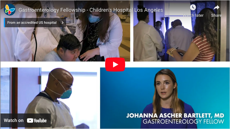 Screengrab of YouTube video player displaying CHLA's Gastroenterology Fellowship video