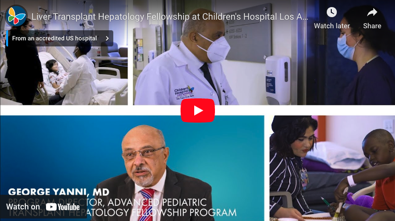 Screengrab of YouTube video player displaying CHLA's Liver Transplant Hepatology Fellowship video