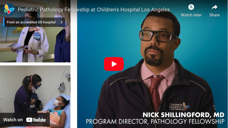 Screengrab of YouTube video player displaying CHLA's Pediatric Pathology Fellowship video