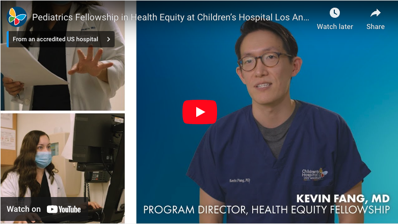 Screengrab of YouTube video player displaying CHLA's Pediatrics Fellowship in Health Equity video