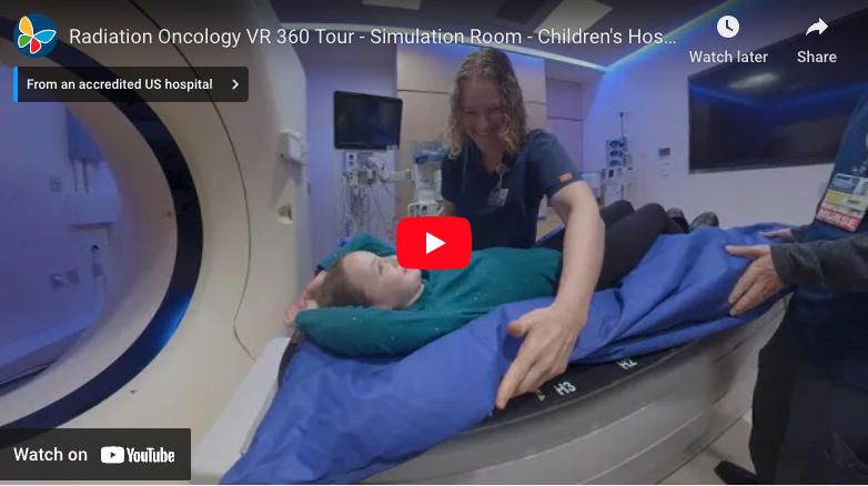 Screengrab of YouTube video player displaying CHLA's Radiation Oncology VR 360 Tour of the Simulation Room
