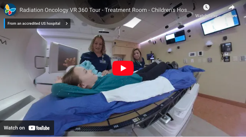 Screengrab of YouTube video player displaying CHLA's Radiation Oncology VR 360 Tour of the Treatment Room