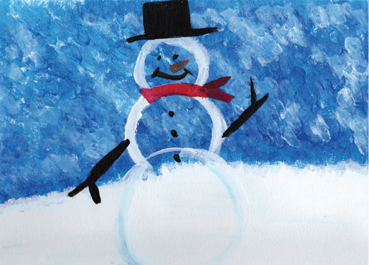 Artist rendering of a fanciful snowman with red scarf and black top hat against a blue sky