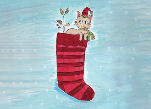 Artist rendering of a cartoon kitten sitting atop a red Christmas stocking