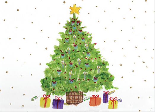 Artist rendering of a decorated Christmas tree with brightly colored presents