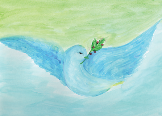 Artist rendering of a blue dove carrying a sprig of holly against a blue and green background