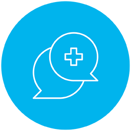 A blue circle with two speech bubbles that links to CHLA's virtual urgent care page