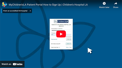 Screengrab of YouTube video player displaying login screen for CHLA's patient portal