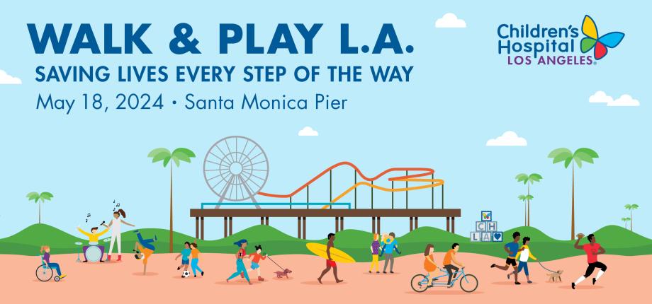 Bright cartoon image of Santa Monica Pier with beachgoers in the foreground promoting Children's Hospital Los Angeles' Walk & Play L.A. event on May 18, 2024