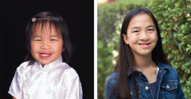 Side-by-side image of portrait of toddler with medium skin tone next to girl with medium skin tone wearing denim jacket