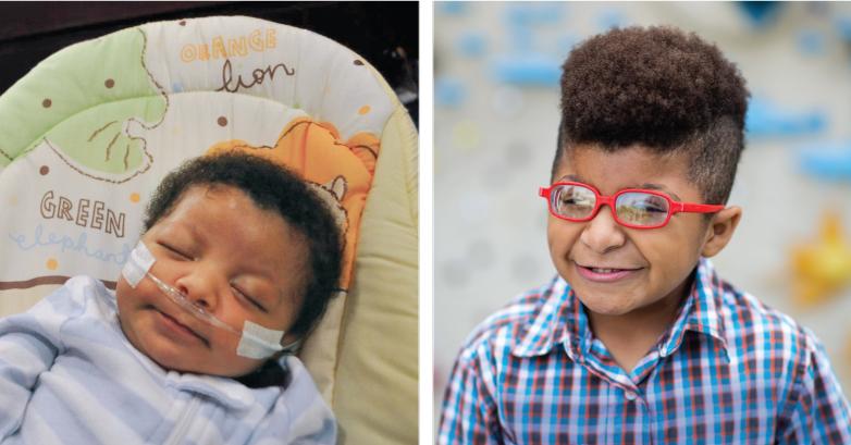 Side-by-side image of infant with dark skin tone asleep in chair next to portrait of smiling young boy with dark skin wearing blue shirt and red glasses