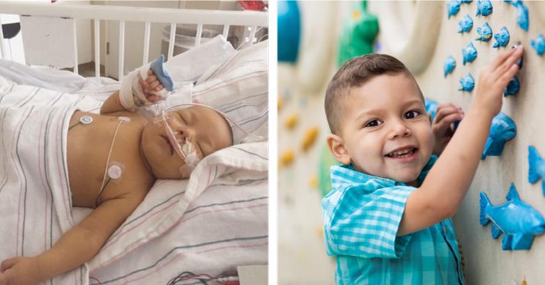 Side-by-side image of infant with light skin tone asleep in hospital bed next to young boy with blue shirt touching blue fish on play wall