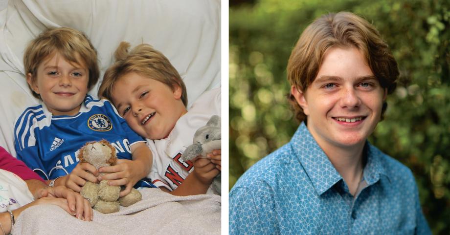 Side-by-side images of two young boys with medium skin tone lying in bed next to portrait of boy wearing blue shirt against blurred outdoor background