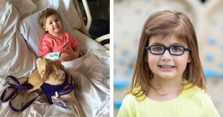 Side-by-side image of young girl with light skin tone lying in hospital bed next to portrait of smiling girl wearing yellow shirt and blue glasses
