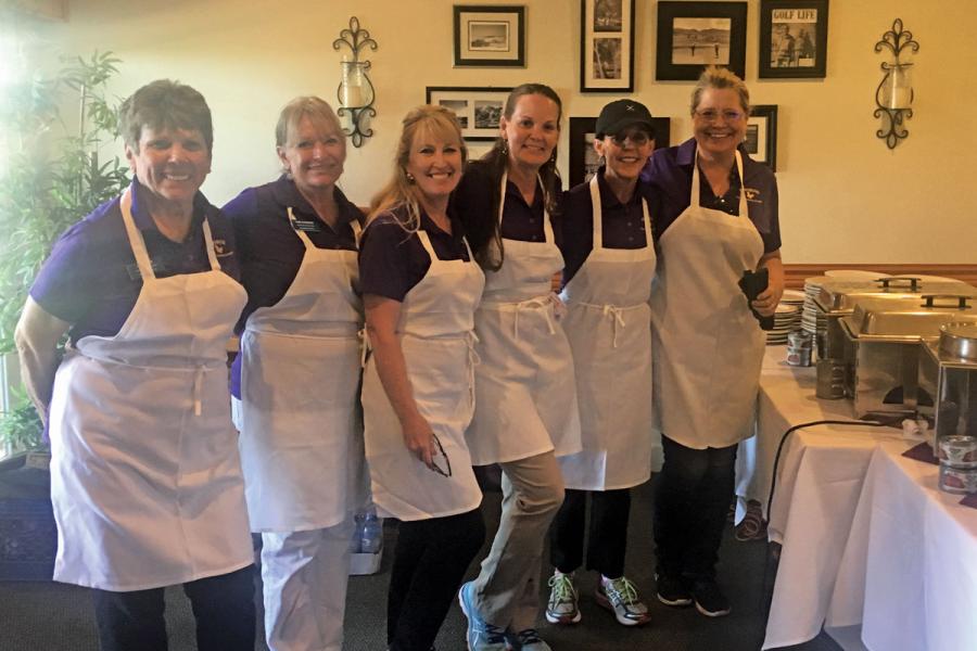 Antelope Valley Guild members helping to serve dinner at the 2019 golf tournament. Left to right: Carol Gee, Pam Lockwood, Bonnie Deardorff, Linette Hodson, Nellie Thomas and Jody Pontious