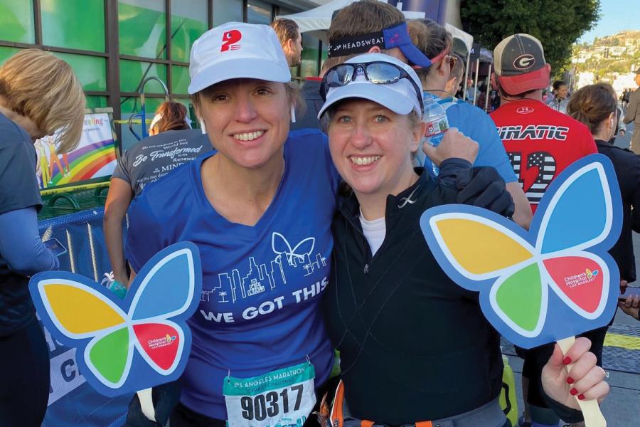 Half-marathon runners Julie Halverson and Erin Cockrill demonstrate their CHLA pride before the race begins.