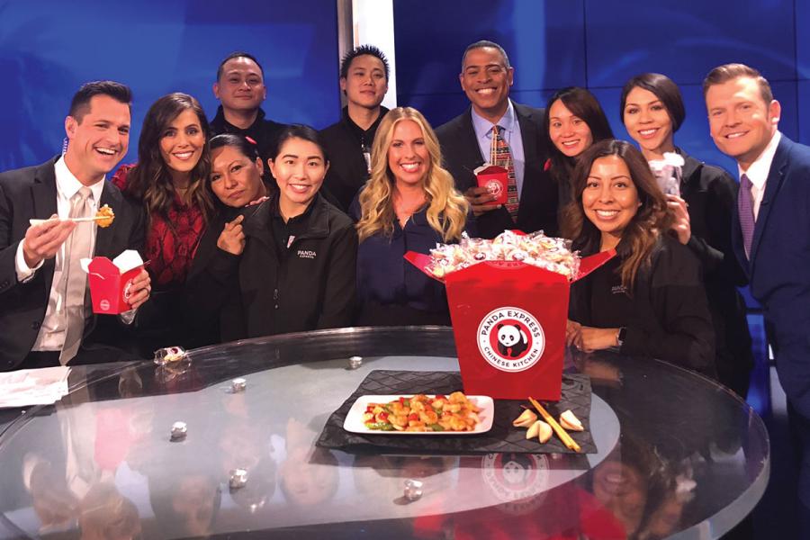 Members of the Panda Express Panda Cares team and restaurant associates, along with Jillian Green, Assistant Vice President, Corporate Partnerships at CHLA (center), visit KTLA to celebrate fundraising efforts for Make March Matter.